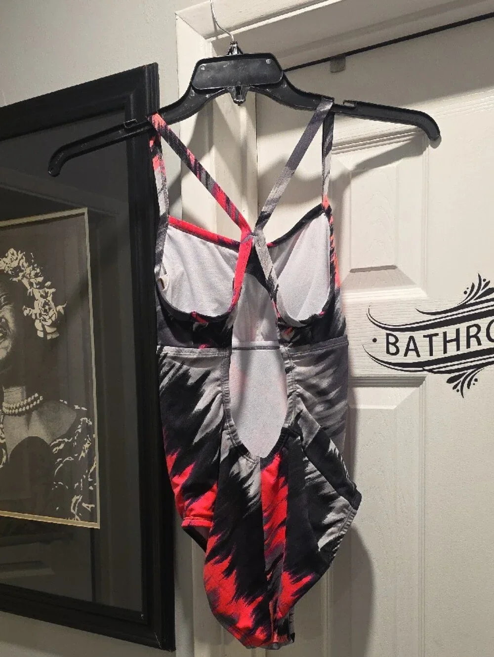 Nike One-Piece Swimsuit in Coral Pink, Black & Gray Brushprint